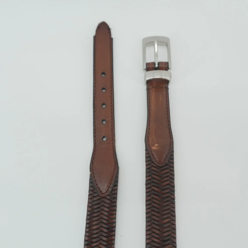 Braided Leather Belt Mens 38-40 Brown Herringbone Woven Silver Buckle